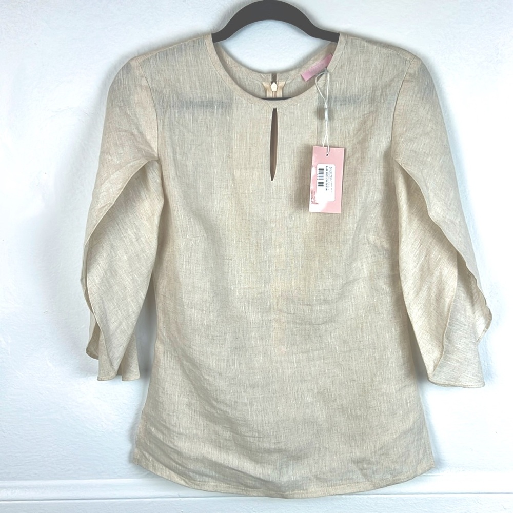 Enzo Blouse Organic Linen Elegant Cream Women's Top Tulip 1/2 Sleeve Light Taupe